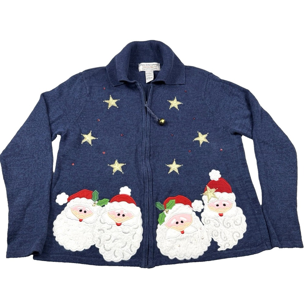 Tiara International Cardigan Sweater Women's Large‎ Full Zip Christmas Santa